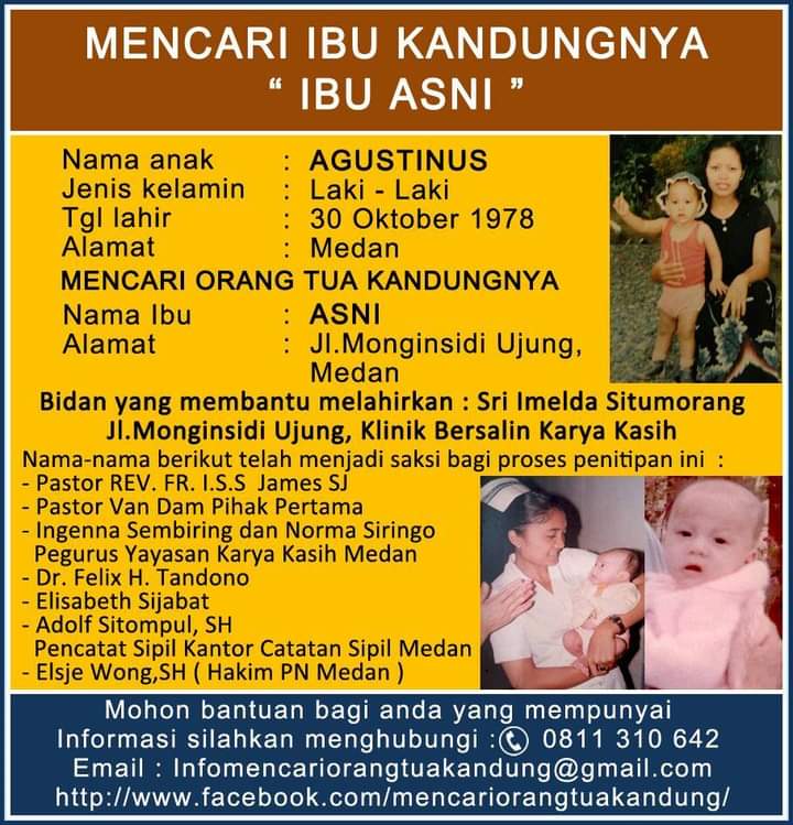 CariOTKandung's tweet photo. Agustinus mencari Ibu kandungnya, Ibu Asni. Bantu Agustinus bertemu kembali dengan keluarganya..
#mencariorangtuakandung #agustinus #ibuasni #asni #monginsidiujung #monginsidi #medan #ibudananak #keluarga #sumatera #indonesia #viral2020 #viral2021 https://t.co/O5Tg6Hj22Y