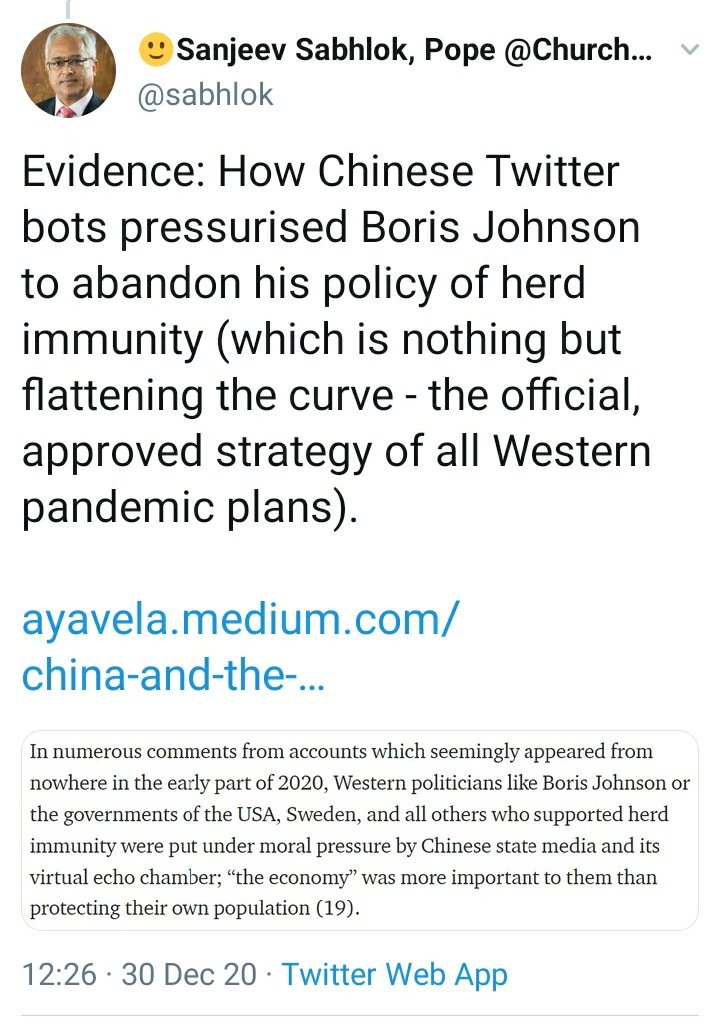 We are at war with China & Bill Gates, he says.One I hadn't heard before is that Boris Johnson adopted herd immunity but Chinese Twitter Bots created crucial pressure to shift the policy to lockdown. (The key to the open letter is China drives all policy choices)