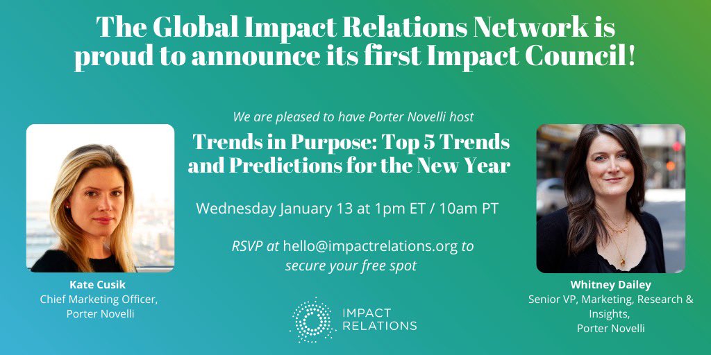 ImpactCommsInst's tweet photo. Please join us on Wednesday at 1pm ET/10am PT, as two leading impact relations communicators at @porternovelli share for some relevant and timely insights on purpose trends for 2021. RSVP at hello@impactrelations.org #impactrelations #Comms4Change https://t.co/Dkl3sCPF3N
