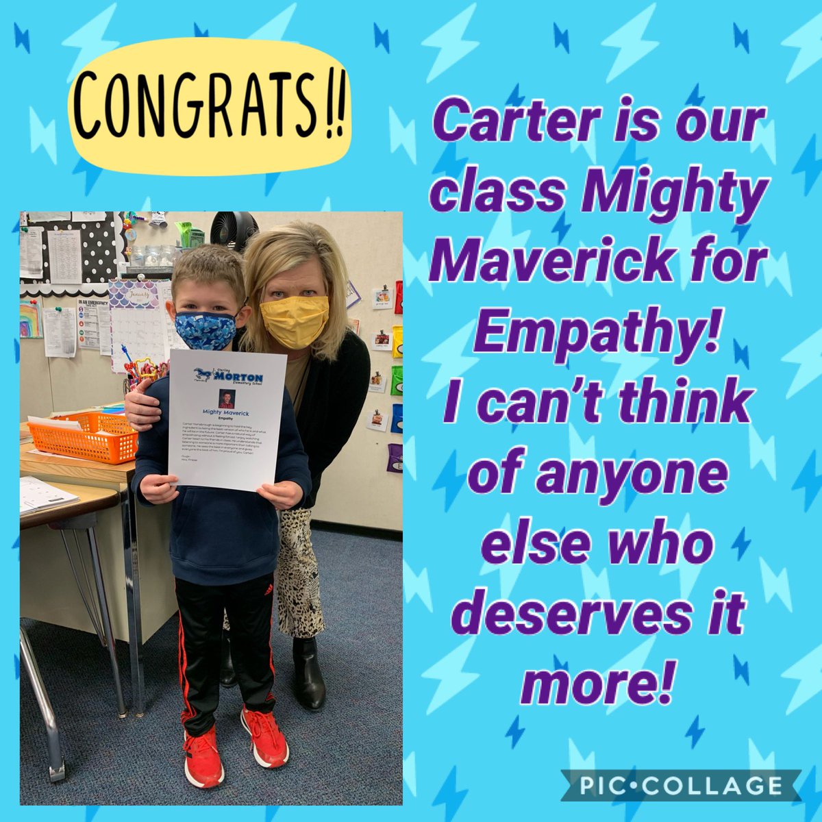 CindyFriese1's tweet photo. Congratulations, Carter! Our classroom Mighty Maverick for empathy. We are smiling behind our masks. 😊 @MPS_Morton @maggieverhalen @MalonePrincipal #Empathy #BeKindAlways https://t.co/7jmsLZk2eY