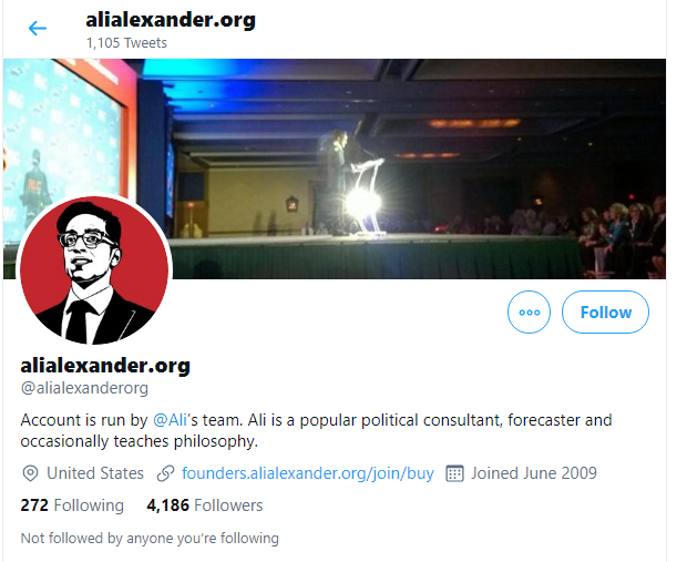 Ali Alexander has been very active on Twitter over the last few yearsSuspended:  @Ali -  https://twitter.com/Ali  @StopTheStealUS -  https://twitter.com/StopTheStealUS Active:  @alialexanderorg -  https://twitter.com/alialexanderorg  @AliAkbar -  https://twitter.com/aliakbar  (nil posts since 2017)