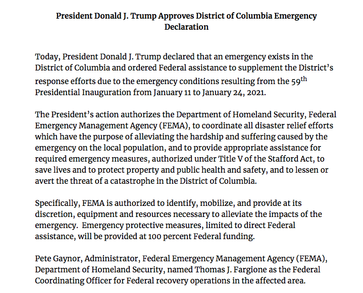 NBCNews's tweet photo. BREAKING: President Trump approves Washington, D.C. emergency declaration, ahead of the inauguration of Pres.-elect Biden, from Jan. 11 to Jan. 24. https://t.co/eA9ZiY6sim