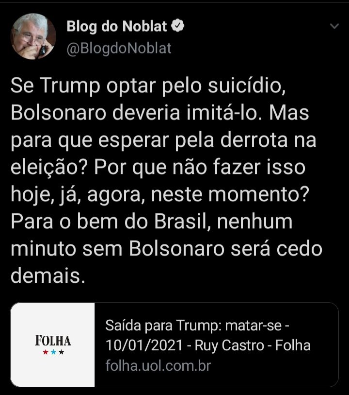 corda_Brasil's tweet photo. Oi @ClaroBrasil 
A Revista @veja e a @folha cometeram crime de acordo com art. 122 ao incitar o suicídio do presidente da república através da matéria do jornalista @BlogdoNoblat 
Por favor cancele os anúncios.
@awake_giants_br
@antisleepingbr
 https://t.co/l6hv9uVWjz https://t.co/dgFNxlLIY3