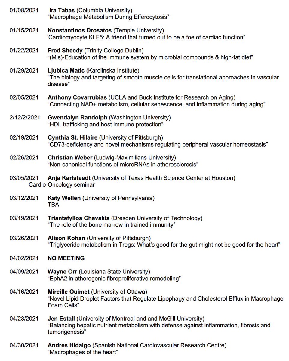 UPDATED!!!!   Winter-Spring 2021 Speakers List for Cardiometabolism Virtual Seminars <a href="/atherometab/">Cardiometabolism Virtual Seminar Series</a>. Together with the <a href="/MetabTrainees/">Trainees In Metabolism</a> and supporting open science! 

FRIDAYs <a href="/12/">$</a> pm EST. Zoom meeting # 692-600-595 

YouTube channel: Cardio Metabolism Virtual Seminar Series.