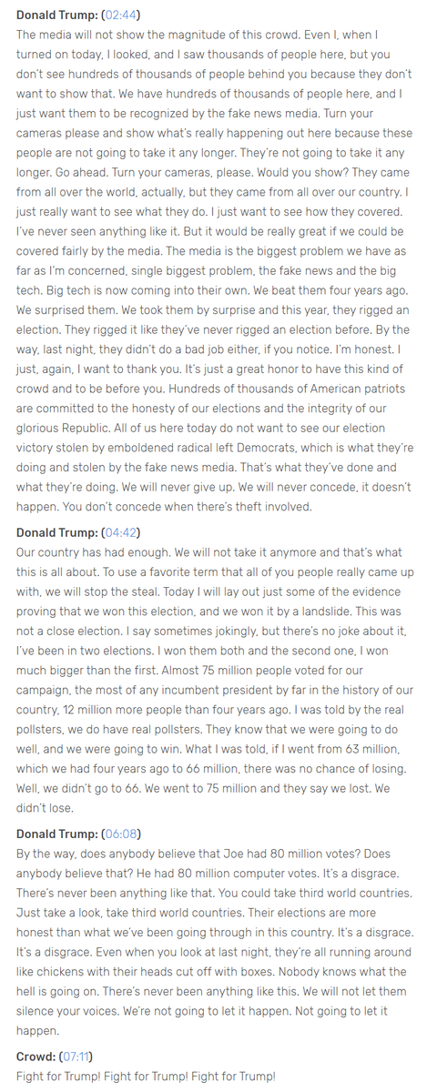 Transcript of Jan 6. Trump speech: https://www.rev.com/blog/transcripts/donald-trump-speech-save-america-rally-transcript-january-6