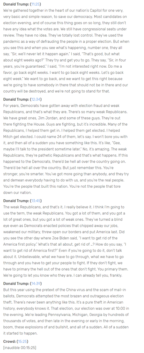 Transcript of Jan 6. Trump speech: https://www.rev.com/blog/transcripts/donald-trump-speech-save-america-rally-transcript-january-6