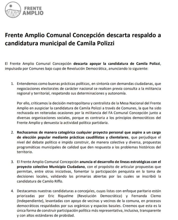 CEspinozaQ's tweet photo. POLEMICA| Camila Polizzi inscribió su candidatura a alcaldesa de Concepción como independiente en cupo RD por Frente Amplio. Acto seguido el FA Comunal Concepción quita todo el piso y se fue a apoyar a Camilo Riffo del Movimiento Ciudadano. @Cooperativa https://t.co/KsbhOYzspo