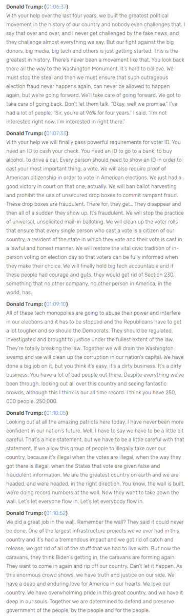 Transcript of Jan 6. Trump speech: https://www.rev.com/blog/transcripts/donald-trump-speech-save-america-rally-transcript-january-6