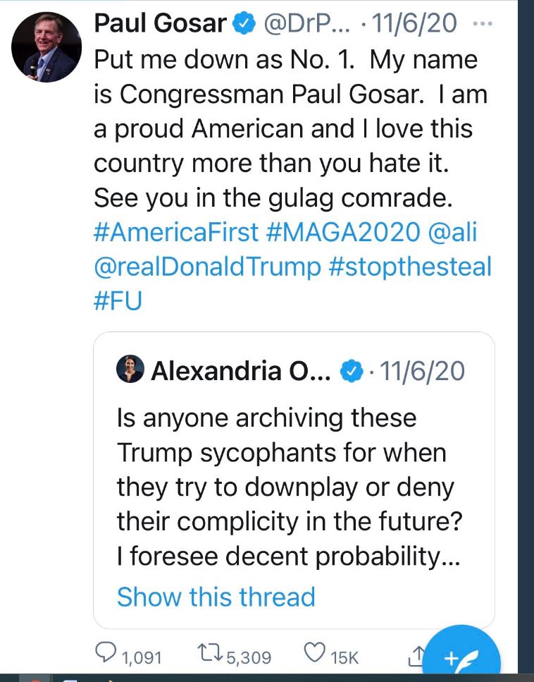 Over the next year, their correspondence ramped up but of specific importance was the post-election period. Here's an image of Gosar sparing w/ AOC tagging Ali +"Stop the steal" on the 6th of Nov.Here's an image of Gosar congratulating Ali on his work on the 15th of Nov 2020.