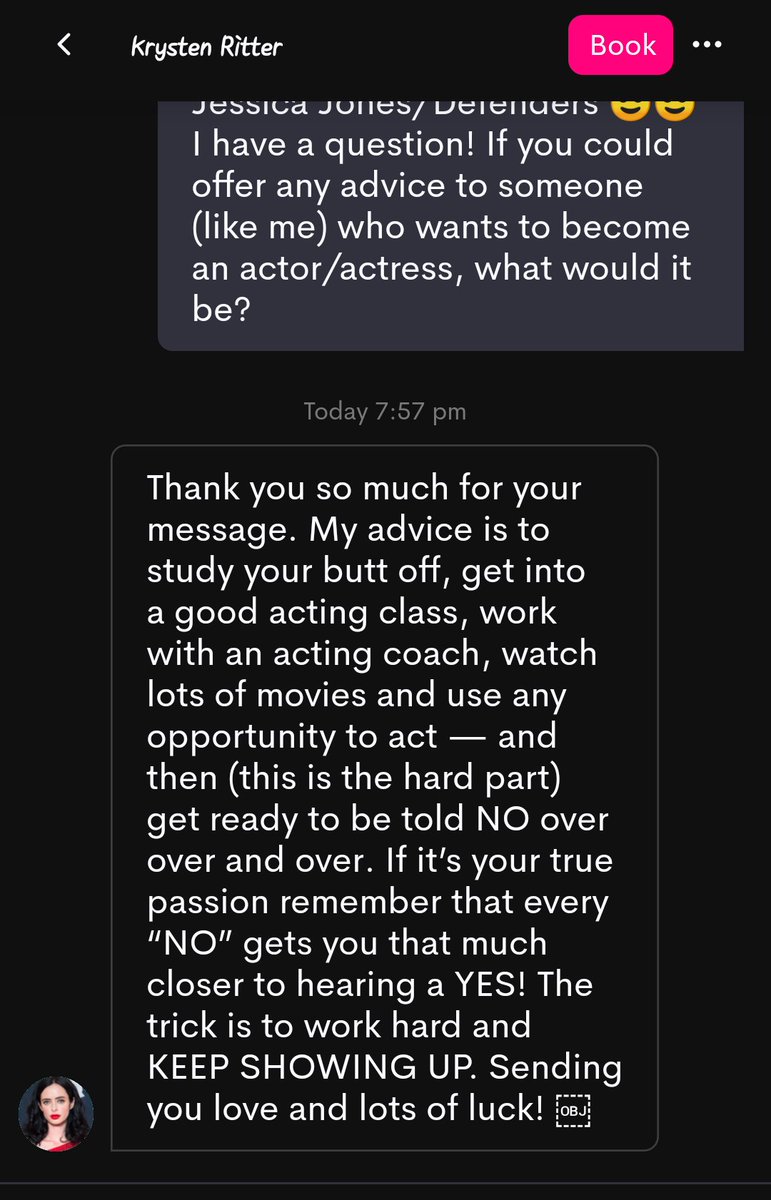 / Bruh, I DMed Krysten Ritter on that Cameo app the other day and she ACTUALLY DMed me back giving acting advice. I’m shook 🙈🙈