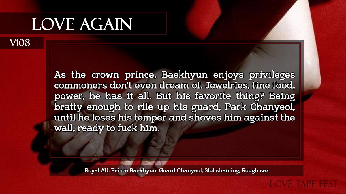 lovetapeficfest's tweet photo. 📼 DAY 15 💋

Love Again 

V108 || 9,949 words

Tags: Royal AU, Prince/Guard, Dirty talk, Rough sex

https://t.co/232pMLsqid https://t.co/Qa5fRXKDrE