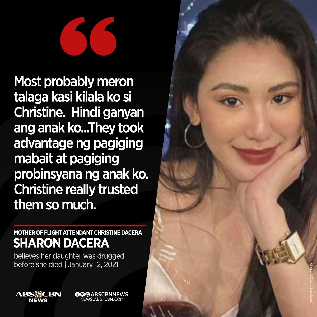 ABSCBNNews's tweet photo. Sharon Dacera insists that her daughter's New Year's Eve companions put something in her drink, drugging her before she died on January 1. https://t.co/E0Xdgaq5on