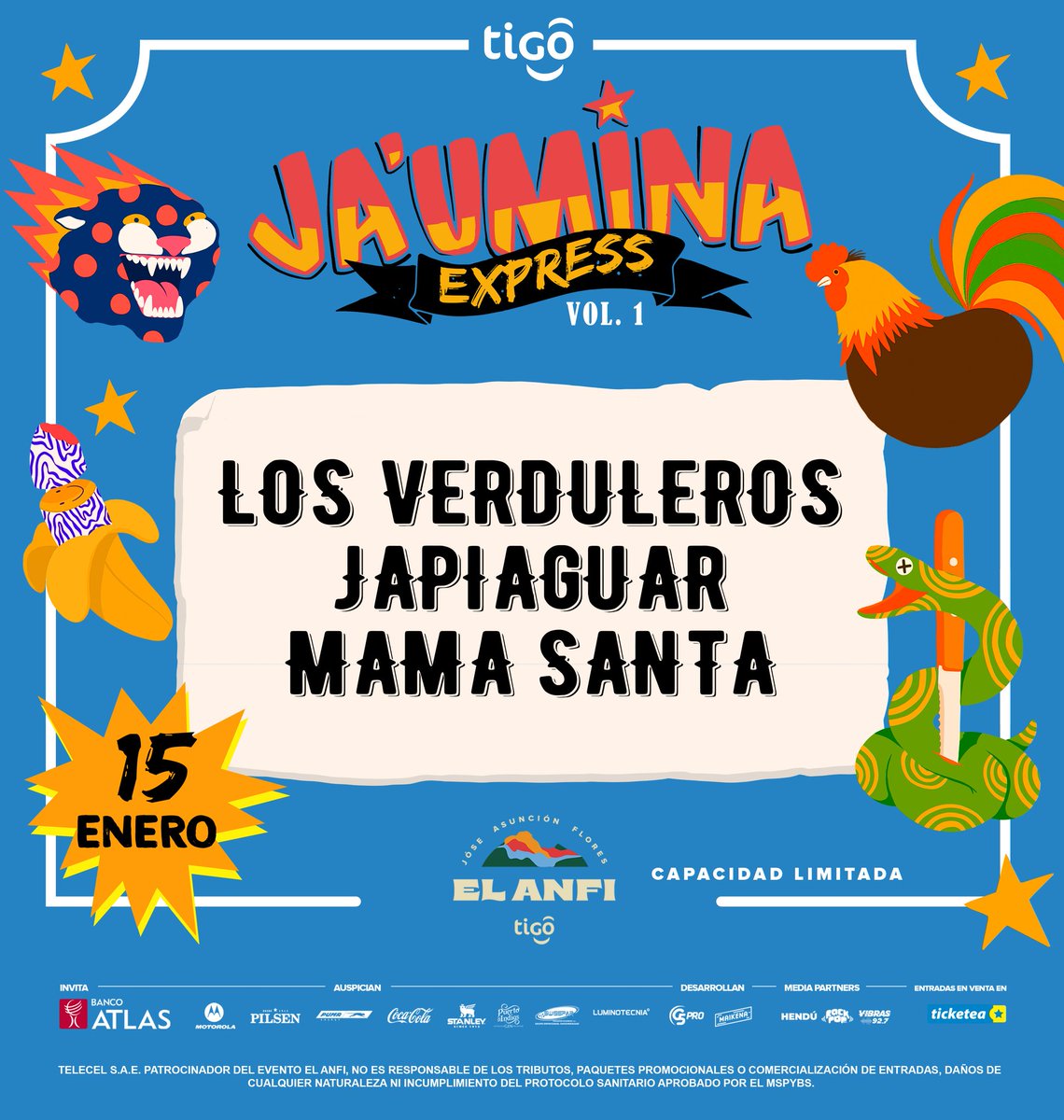 Este viernes 15 vuelve la cumbia al #ANFITIGO ! 💃🏻🔥🕺 Con JA’UMINAAA Express Vol. 1 en VIVO <a href="/losverdulerospy/">losverdulerospy</a> @japiaguar <a href="/mamasantapy/">MAMA SANTA PY</a> 🍻🍻🍻

📢 RT RT RT

😷 ¡No te olvides qué de tu tapaboca!
 *CAPACIDAD LIMITADA*

Preventa: 40.000 Gs. 

🎫 Entradas a la venta en @ticketeapy