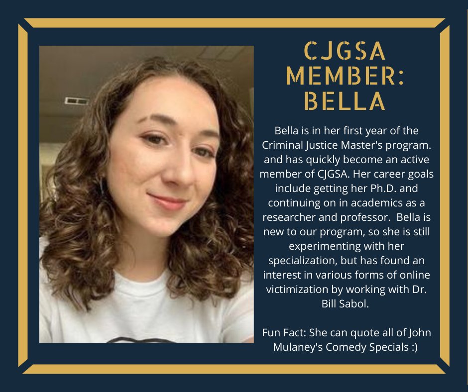 cjgsagsu's tweet photo. Member Spotlight Monday: Bella Nuccio
Thank you for your commitment and dedication! You rock!
#gradschool #gsupanthers #gsucjc https://t.co/k5mhYiI2kl