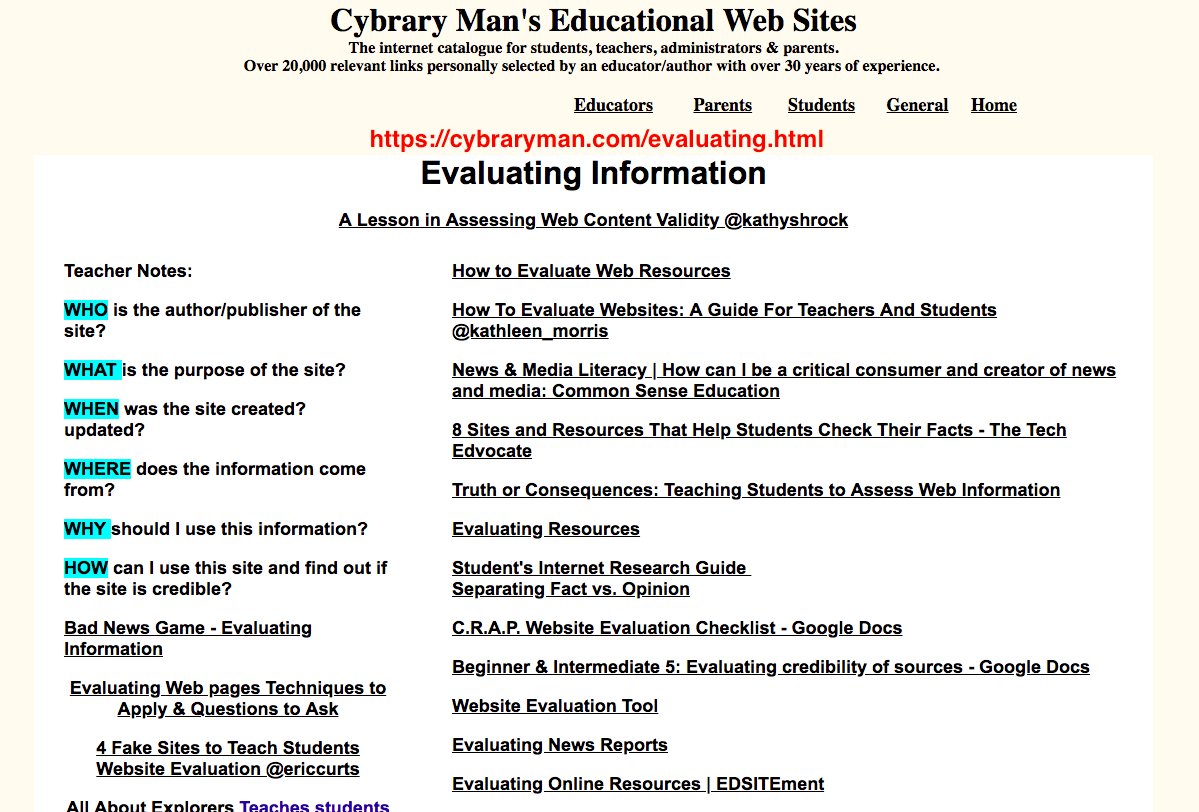 cybraryman1's tweet photo. We need to teach students how to recognize fact from fiction. Our Evaluating Information page https://t.co/vyMKC5N5K7 Fake News https://t.co/yHeuspHeaT Digital Literacy https://t.co/RJgldEvkLc  #edtechchat https://t.co/Qgfqyn5jLO