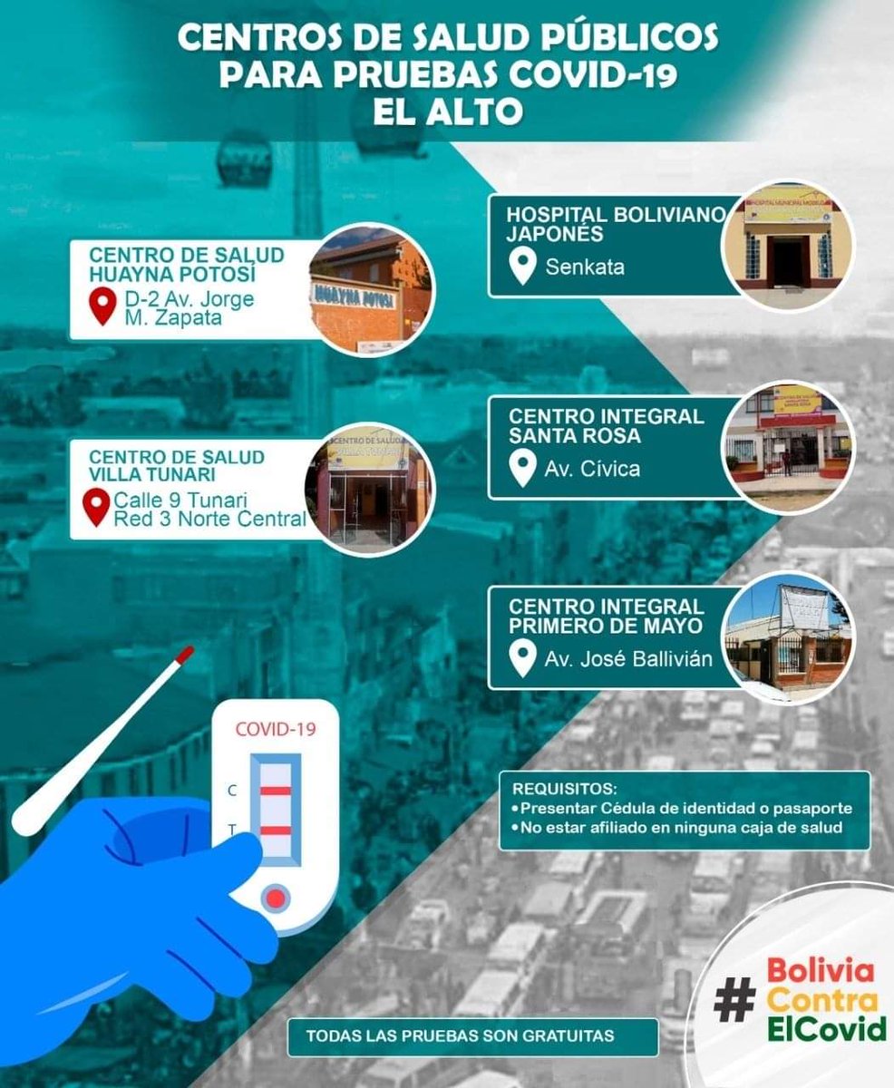 miaulatan's tweet photo. Centros de salud habilitados en #Cochabamba, #LaPaz y #ElAlto para realizar de forma gratuita las pruebas de #AntígenoNasal a la población, con resultados en 15 minutos.

Información, prevención y cuidado. https://t.co/RsBcND0rvW