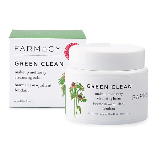 Oil-cleanser: Green Clean Makeup Meltaway Cleansing Balm by Farmacy. First step in double cleaning. Use this first on dry skin if you’re wearing makeup or sunscreen. Use at night only or when removing makeup