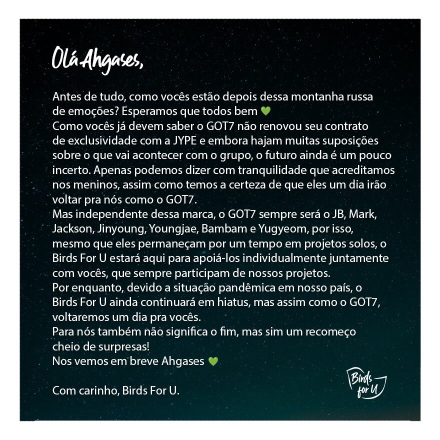 BirdsForU's tweet photo. Boa noite, ahgases 🐥 Esse é nosso comunicado sobre os últimos acontecimentos que passamos 💚

#GOT7FOREVER ∞
#GOT7 #갓세븐 @GOT7Official https://t.co/KLABDS9dEo