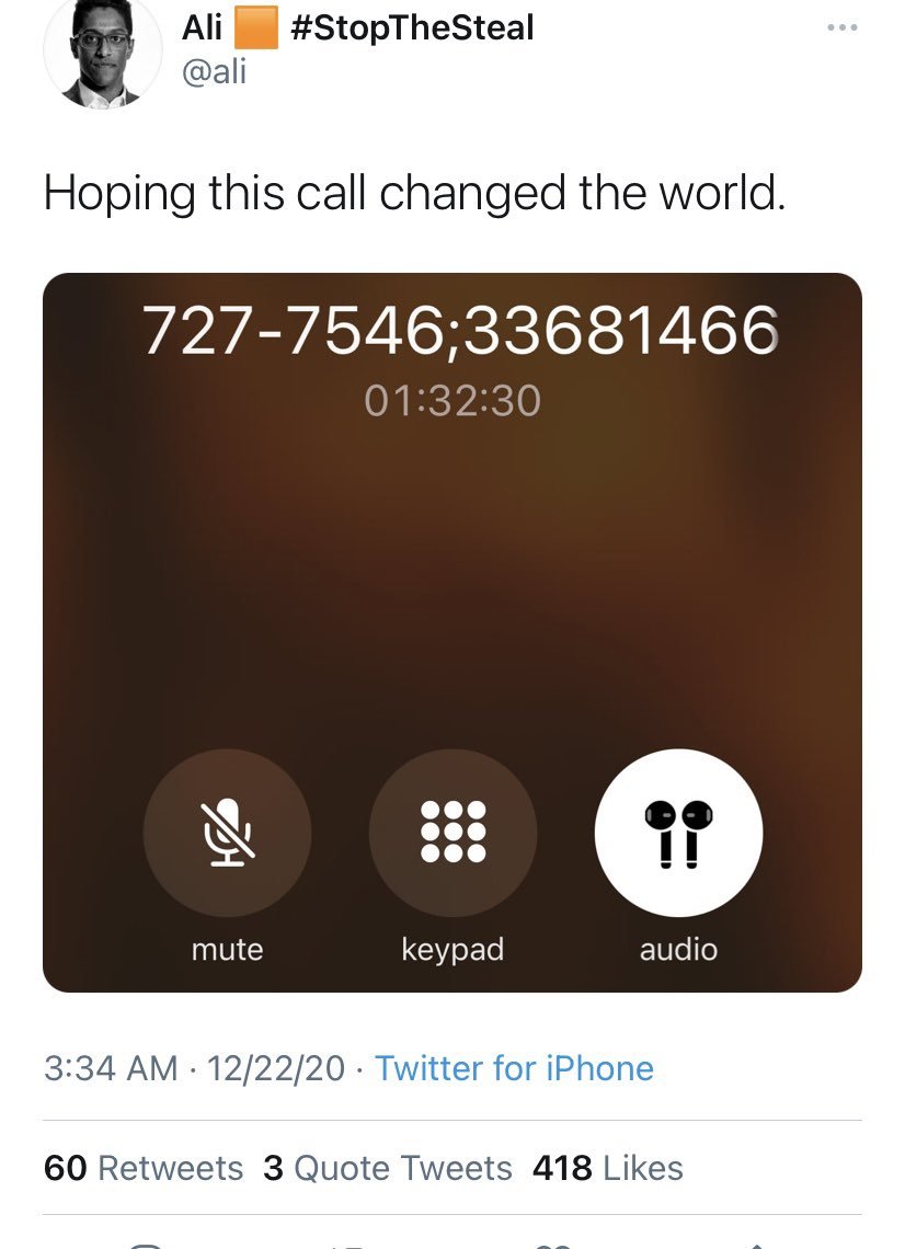 On the 22nd of Dec - Ali tweeted this image (courtesy of  @BanksResearcher) where he was "hoping this call changed the world". It appears he was high-level officials. It's possible that he was talking to the implicated GOP Congressmen  @RepGosar,  @RepMoBrooks, and  @RepAndyBiggsAZ