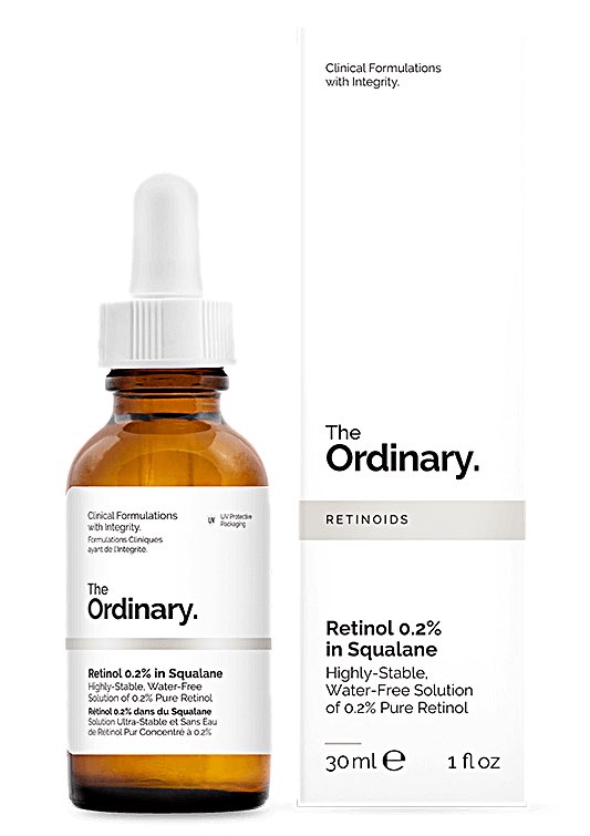 Retinol: The Ordinary 0.2% Retinol in Squalane. Anti-aging and helps to combat hyperpigmentation too. A very mild retinol if you’re just starting. Increase concentration when you feel you need more and can tolerate stronger retinol.