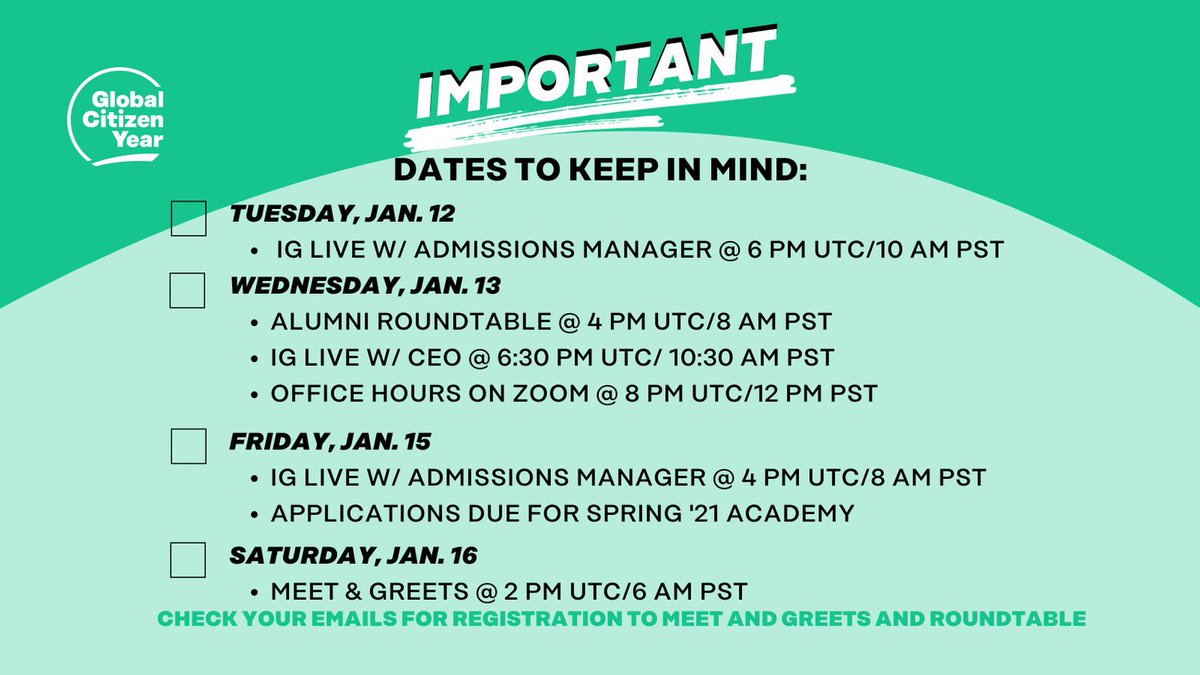 TiltingFutures's tweet image. This week is a very busy week for us! If you are applying to the Spring '21 Academy, mark your calendar for all these important events! globalcitizenyear.org
#GlobalCitizenYear #GapYearProgram #LeadershipAcademy #LeadershipAsAPractice #EducationForPurpose #EducationOnPurpose