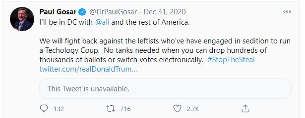 During this mid-late December period Rep Paul Gosar was also promoting stop the steal.