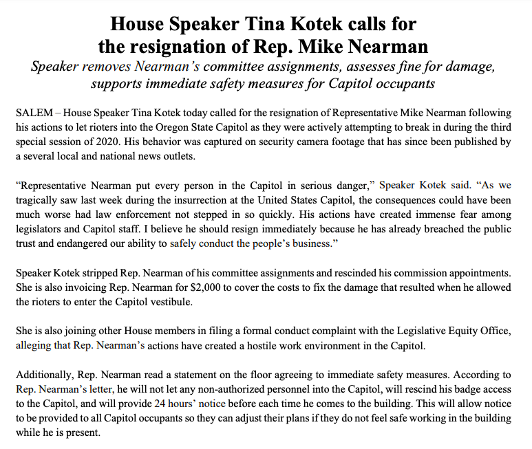 TinaKotek's tweet photo. My full statement on the actions I have taken in regard to Rep. Mike Nearman.

I believe he should resign immediately. He has already breached the public trust and endangered our ability to safely conduct the people’s business. #orpol #orleg https://t.co/w36CZAh1C9