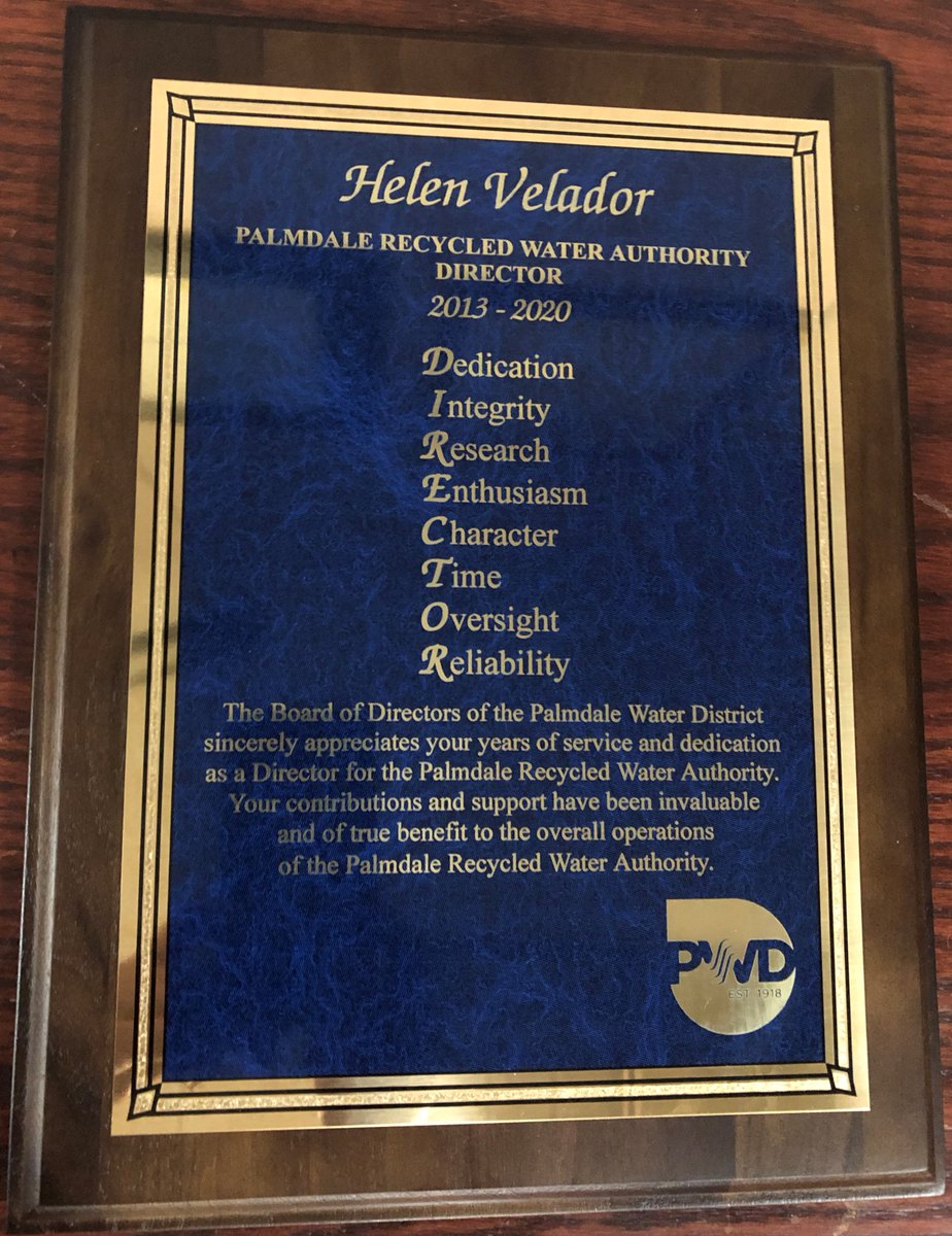 PalmdaleH2O's tweet photo. Thank you, Helen Velador, for serving 7 years as a Palmdale Recycled Water Authority Director. Tonight, PWD recognizes your dedicated service to the community. The future of recycled water in the AV is better because of your leadership. #PRWA #RecycledWater #PWD https://t.co/VOHXfDS6na