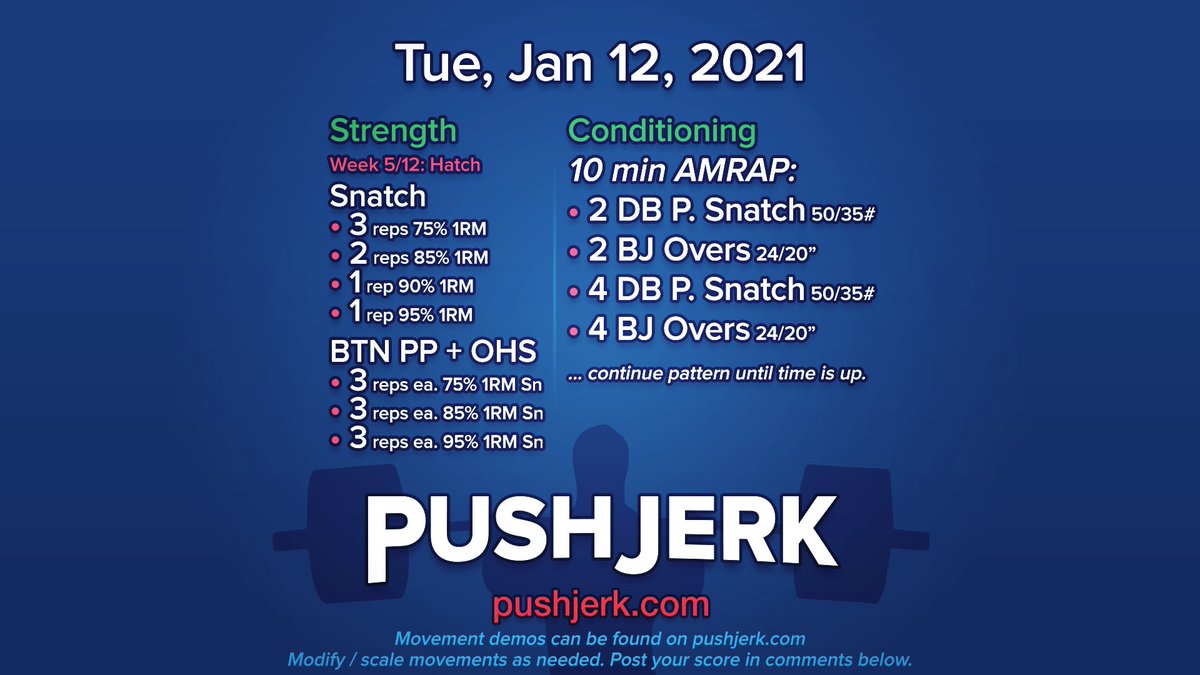 PushJerk's tweet photo. Tue, Jan 12, 2021 • https://t.co/46IJmcscNo
#garagegym #homegym #crossfit #wod 🗓 #hatch 🐣 #snatch 🏋️‍♀️ #pushpress 🙌 #ohs 🏋️‍♂️ #dbsnatch ✊ #boxjumpovers 📦 https://t.co/hHziMqRJUl