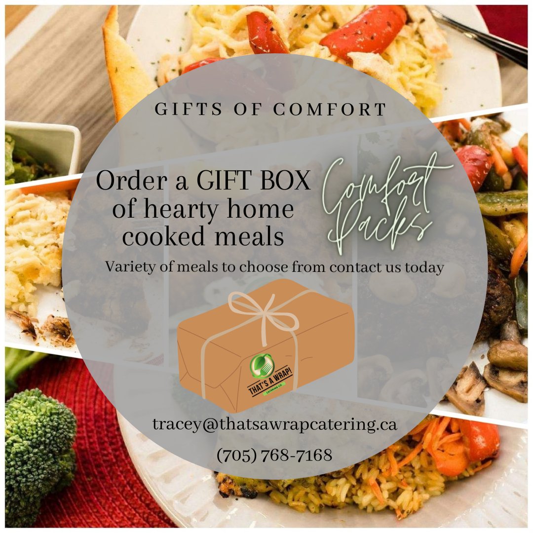 COMFORT PACKAGES 
🍝🎁🍝🎁
Send a Comfort Pack to someone special- the gift box of home cooked meals. 

For details or to place an order email tracey@thatsawrapcatering.ca

#thatsawrap #thatsameal #thatsafoodie #ptbo
