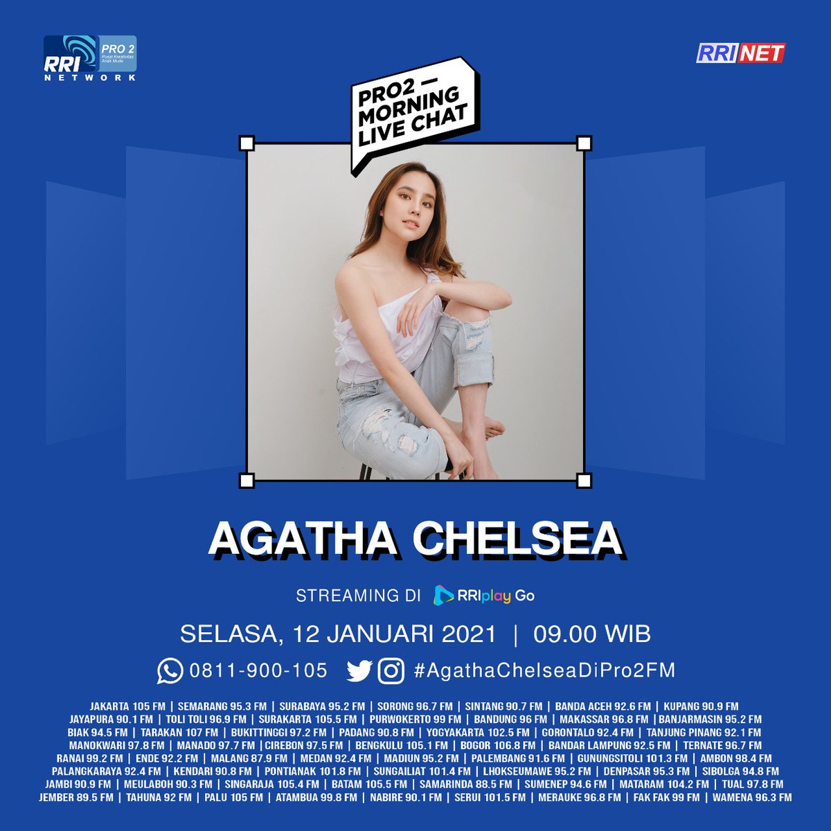 rripro2bjm's tweet photo. Ada Agatha Chelsea jam 10 pagi ini sahabat. Yuk merapat dengerin Pro 2 FM. #AgathaChelseaDiPro2FM #rri #pro2network #banjarmasin https://t.co/ngLfRY3AnW