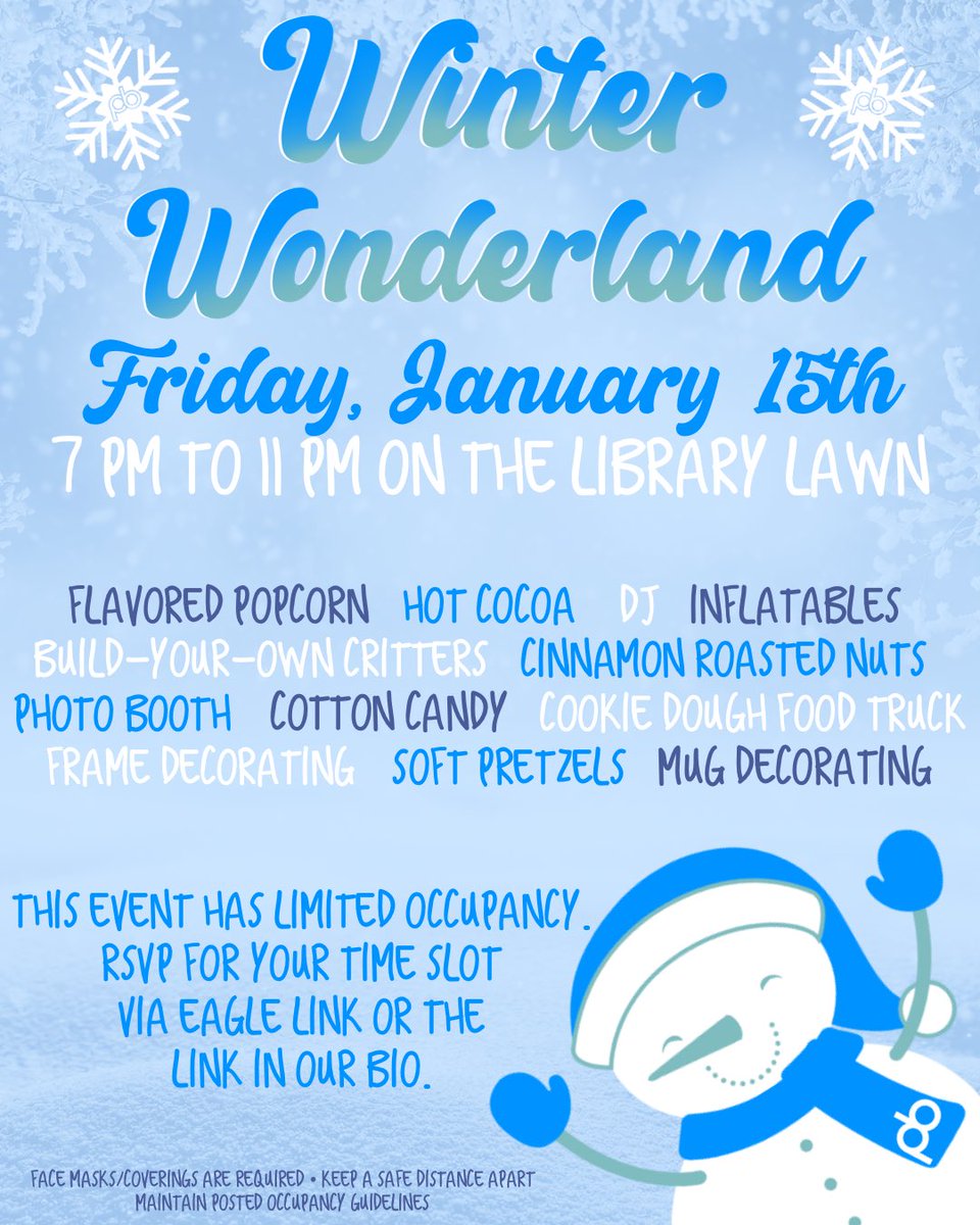 ❄️ ☃️ ⁣Join us this Friday 7-11PM on the Library Lawn for your favorite winter event!⁣
⁣
You MUST sign up for a time slot to attend this event! Sign up at the link below. 🤩

signupgenius.com/go/10C0D4CAFA6…
