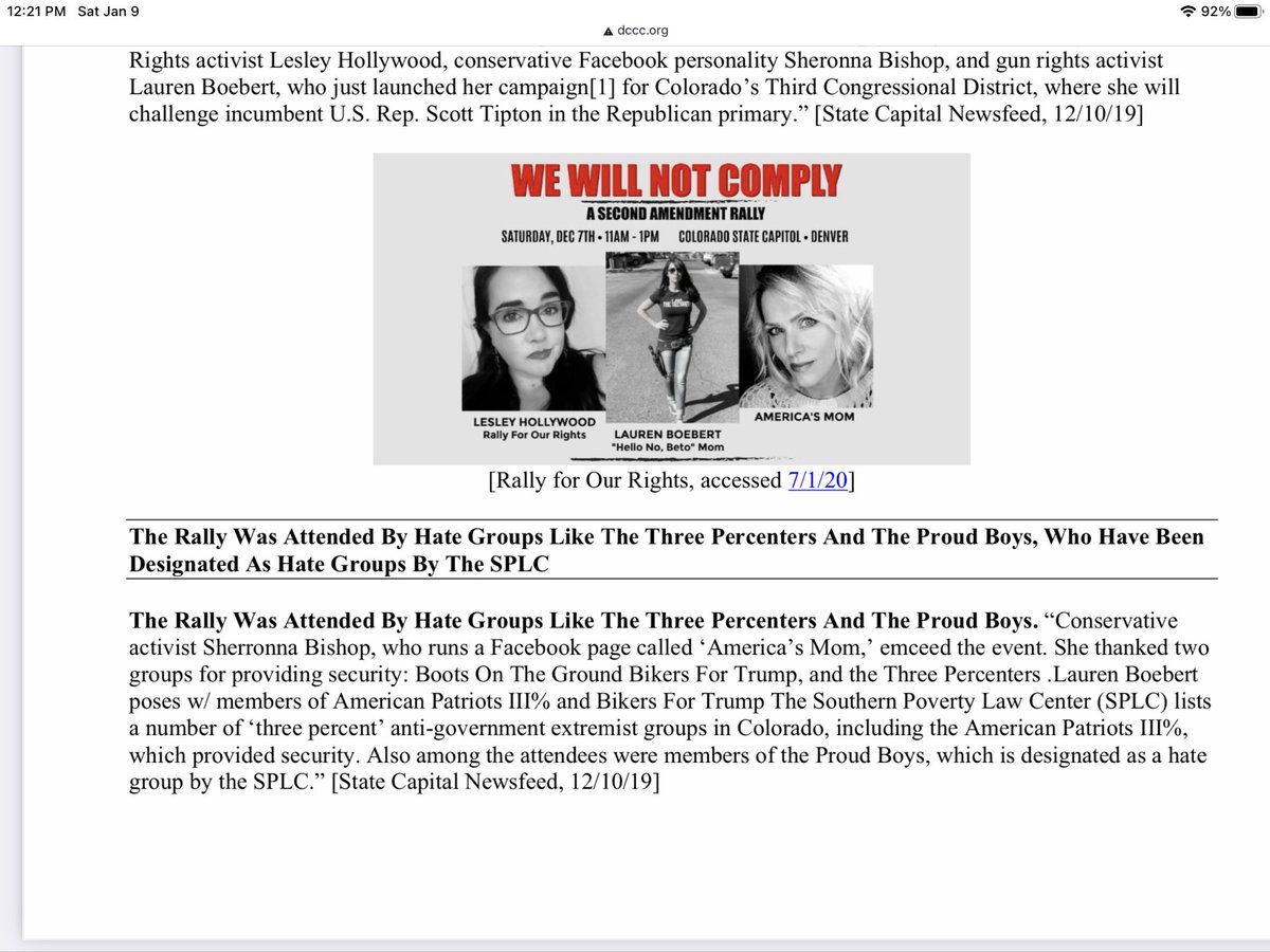 Boebert’s former campaign manager, Sherronna Bishop, is known as America’s Mom on Twitter. Bishop is well connected among several hate groups, and had American Patriots III% and Proud Boys in attendance as well as working Boebert’s campaign rallies.