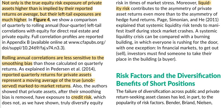 5/ "Not only is the true equity risk of private assets higher on *average*, but left-tail exposures are also higher."Annual correlations are less sensitive to smoothing: reported quarterly returns for private assets represent a moving average of true (unobserved) MTM returns."