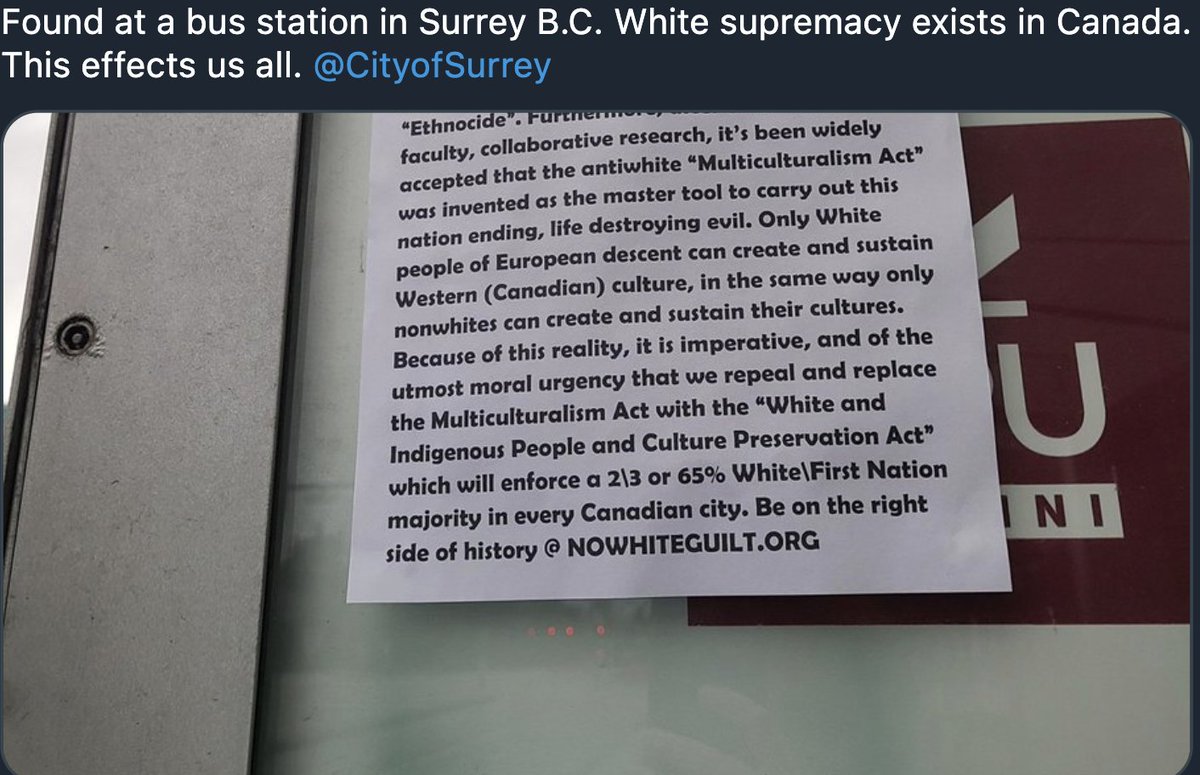 SimranRoohi's tweet photo. We simply cannot turn a blind eye to the racist, white supremacy in our own communities. Within the past few days, these flyers have been spotted in various cities in BC (Vancouver, Nanaimo, and Surrey) This is not an "across the border" problem. This is vile and dangerous. https://t.co/azGYBYEzaK
