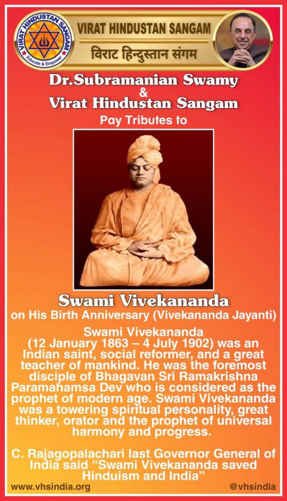 HinduDharma1's tweet photo. Dr Subramanian @Swamy39 &amp; Virat Hindustan Sangam @vhsindia Pay Tribute to Swami Vivekananda on his birth Anniversary #SwamiVivekananda #SwamiVivekanandaJayanti 
Take Risks in Your Life If u Win, U Can Lead! If u Lose, U Can Guide
#VivekanandQuotes #vivekanand https://t.co/eAyCohrymU