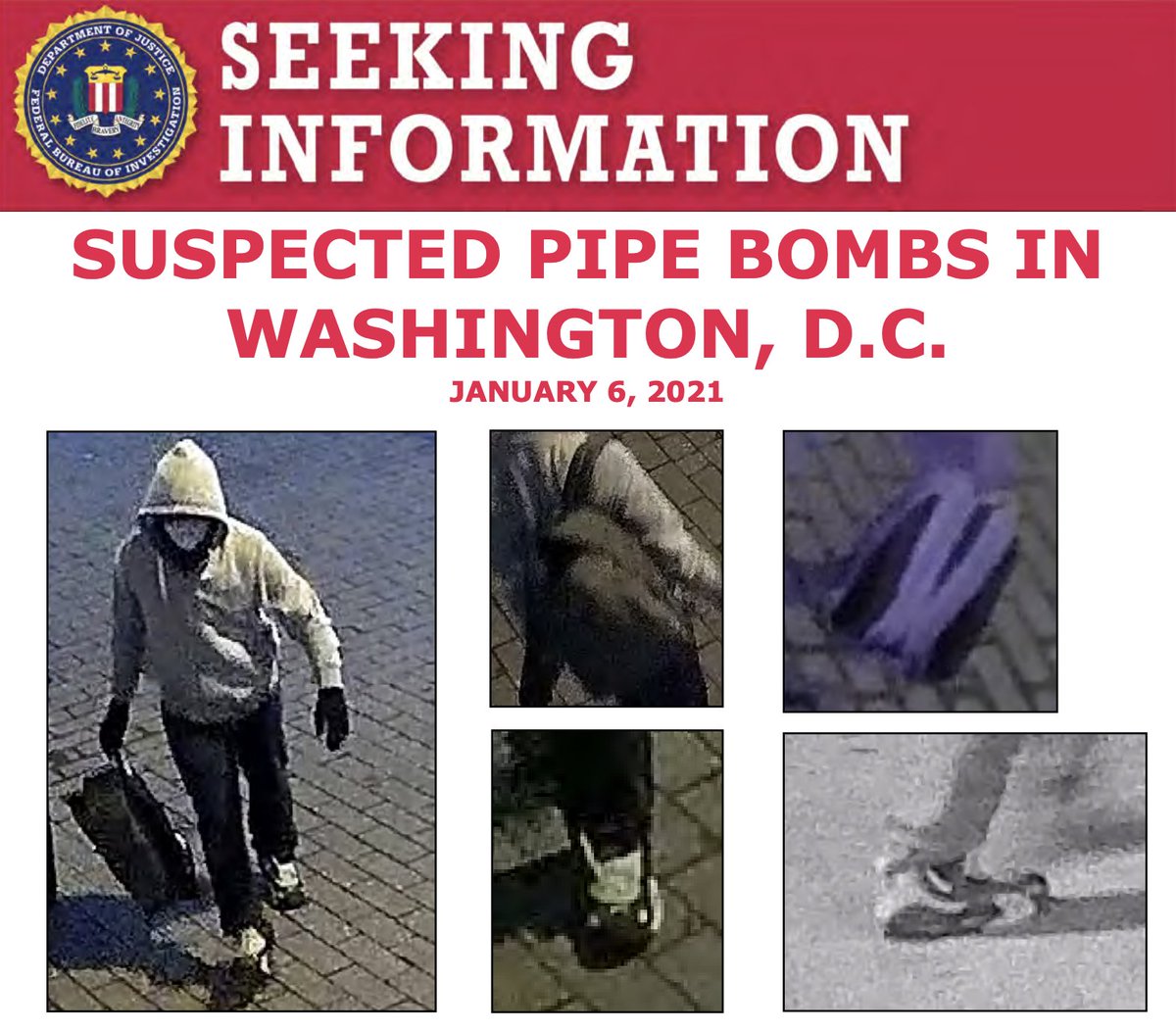 Seeking information poster with images of suspect, shoes, and backpack