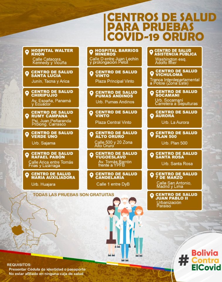 miaulatan's tweet photo. Centros de salud habilitados en #Chuquisaca, #Oruro y #Tarija para pruebas #Covid19 seguras y gratuitas.

Información, prevención y cuidado. https://t.co/E3X4S4jswL