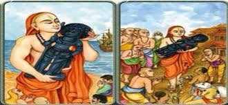This calmed the stormy seas, and the ship floated free. Madhva then guided the vessel to safety. Eager to show his appreciation, the captain offered Madhva whatever he wanted from the ship’s cargo. Madhva chose the heavy lump. The lump broke in two, revealing Bala Krishna.