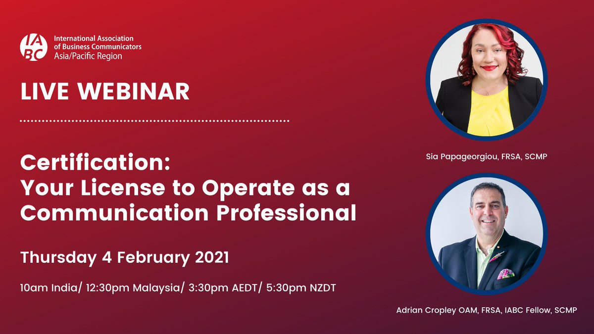 Join us on 4 February for our #webinar Certification: Your License to Operate as a Communication Professional. Free for <a href="/IABC/">IABC</a> members and non-members. Register at  bit.ly/2XtXhmE
#Certification #ProfessionalDevelopment #ProfessionalCommunication  #IABC #IABCAPAC #GCCC