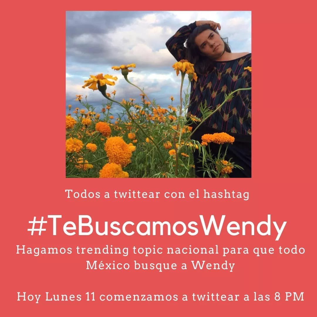 hola!
Estamos buscando a Wendy, una amiga que salió el 9 de enero desde San Pancho, Nayarit a Guadalajara y aún no sabemos de su paradero.
#TeBuscamosWendy. 
<a href="/FiscaliaJal/">Fiscalía del Estado de Jalisco</a> <a href="/NayaritFiscalia/">Fiscalía de Nayarit</a>
