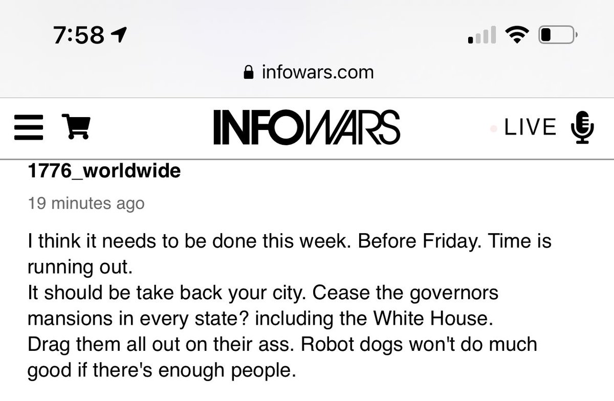 Another alarming comment posted on infowars today to an article denying responsibility after years of broadcasts about civil war & circling public offices, courthouses & Capitols, often in a tank, at least 1x packing heat, screaming 1776.Spin so calculated. Planned.Thoughts?