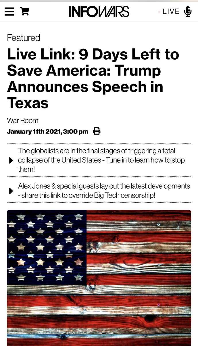 Headline banner clicks through to this Infowars article promoting  #Trump speech in TX (God help us) & proclaiming 9 days left to “Save America.”