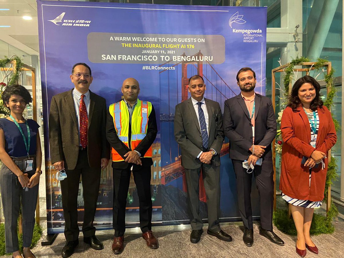 SatyakiRaghuna1's tweet photo. Celebrating the arrival of @airindiain 176 with the Airline Marketing Team. Well done @RaveenPinto and the @BLRAirport S&D Aviation Business Team. #BLRAirport #Bengaluru #SFOBLR #AirIndia https://t.co/yka6sV5Lqa
