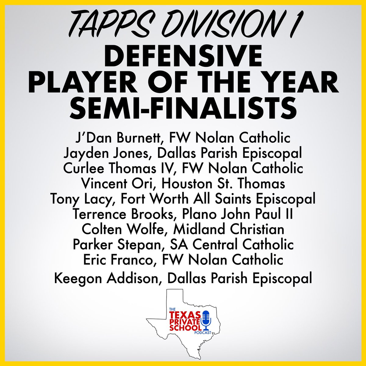 DIVISION 1
DEFENSIVE PLAYER OF THE YEAR:

<a href="/JDanBurnett1/">J'Dan Burnett</a> 
<a href="/bgbjayden/">Jayden Jones</a> 
<a href="/CurleeIv/">Curlee Thomas IV</a> 
<a href="/VincentOri51/">Vincent Ori</a> 
<a href="/RealTLacy2/">Tony Lacy</a> 
@Brooks3one 
<a href="/ColtonW80428131/">Colton Wolfe</a> 
@ParkerStepan 
<a href="/Eric_the_Frank/">Eric Franco</a> 
<a href="/keegonaddison18/">Keegon Addison</a>