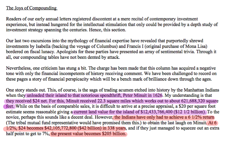 13/ Warren Buffett remarks about this story in his 1965 annual letter. While he conservatively estimated at $20 per square foot for 1965, even today, the potential of the sum paid compounded at 7% p.a doesn't come anywhere close to Manhattan's current value.