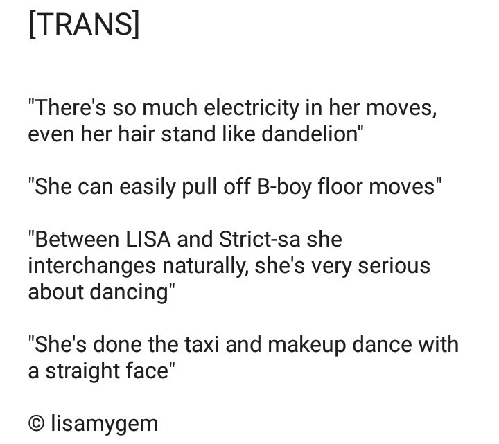 She's been on the same stage with Hiphop International, 4 different events champion and she can still step up to that level .

DANCE MENTOR LISA
@BLACKPINK #BLACKPINK #LISA https://t.co/vT0dPmDxka