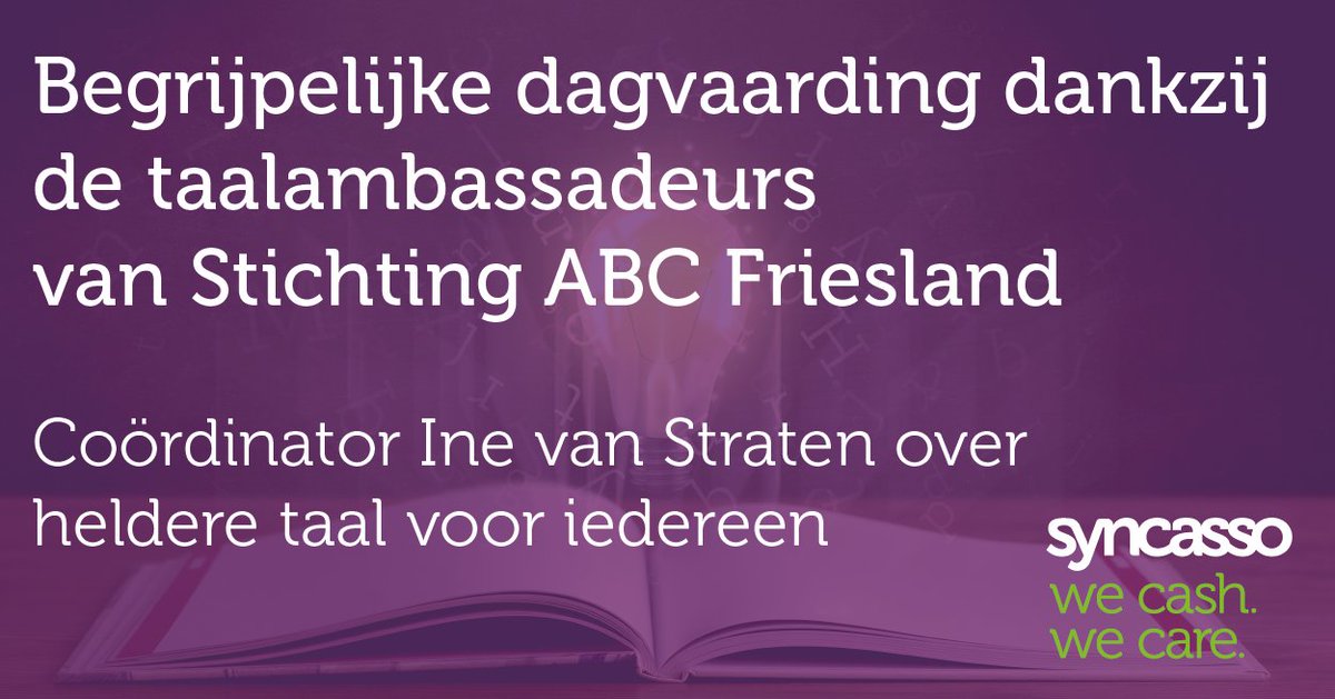 Syncasso's tweet image. Begrijpelijke dagvaarding dankzij de taalambassadeurs van Stichting ABC Friesland. Coördinator Ine van Straten over heldere taal voor iedereen. Lees er hier meer over: bit.ly/3shkyGz @AbcStichting