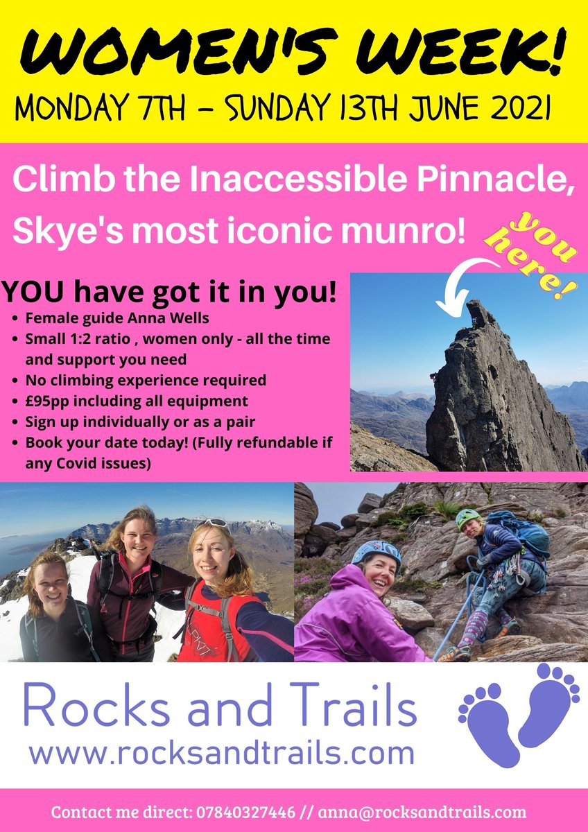 *Please share this twitter!❤️* As one of very few female 'Mountaineering &amp; Climbing Instructors' living in Scotland, this June I have decided to offer a week of guided ascents of the Inaccessible Pinnacle on Skye, in small all female teams! Sign up individually or with a friend.
