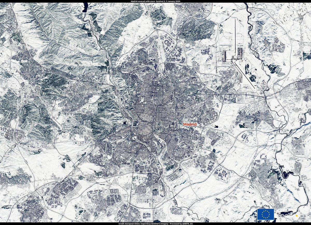defis_eu's tweet photo. #ImageOfTheDay #BorrascaFilomena 1/6

#Spain 🇪🇸 was hit by a historical snowfall ⛄️❄️

@CopernicusEU #Sentinel2 🇪🇺🛰️ yesterday captured these rare images

El satélite #Sentinel-2 de #Copernicus capturó ayer estas excepcionales imágenes 

⬇️#Madrid 

#Filomena #FilomenaMadrid https://t.co/rO1Wo6adkP